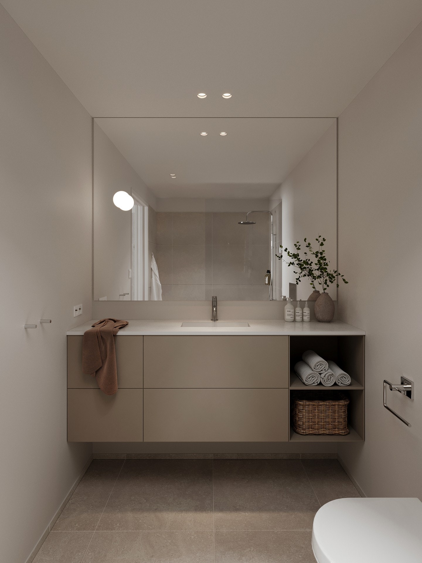 På bad leveres flis i format 60x60 cm fra serien Bera Beren eller tilsvarende. Galleribilde