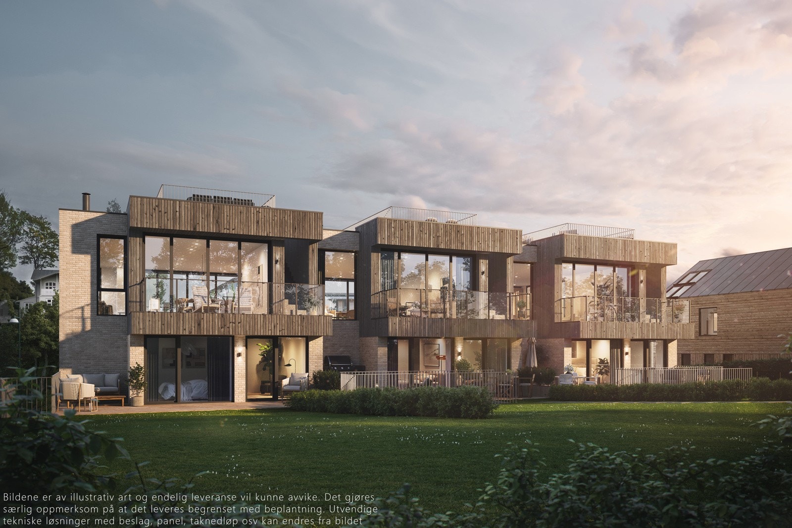 Bildet er av illustrativ art og endelig leveranse vil kunne avvike. Det gjøres særlig oppmersom på at det leveres begrenset med beplantning. Utvendige tekniske løsninger med beslag, panel, taknedløp, osv kan endres fra bildet Galleribilde
