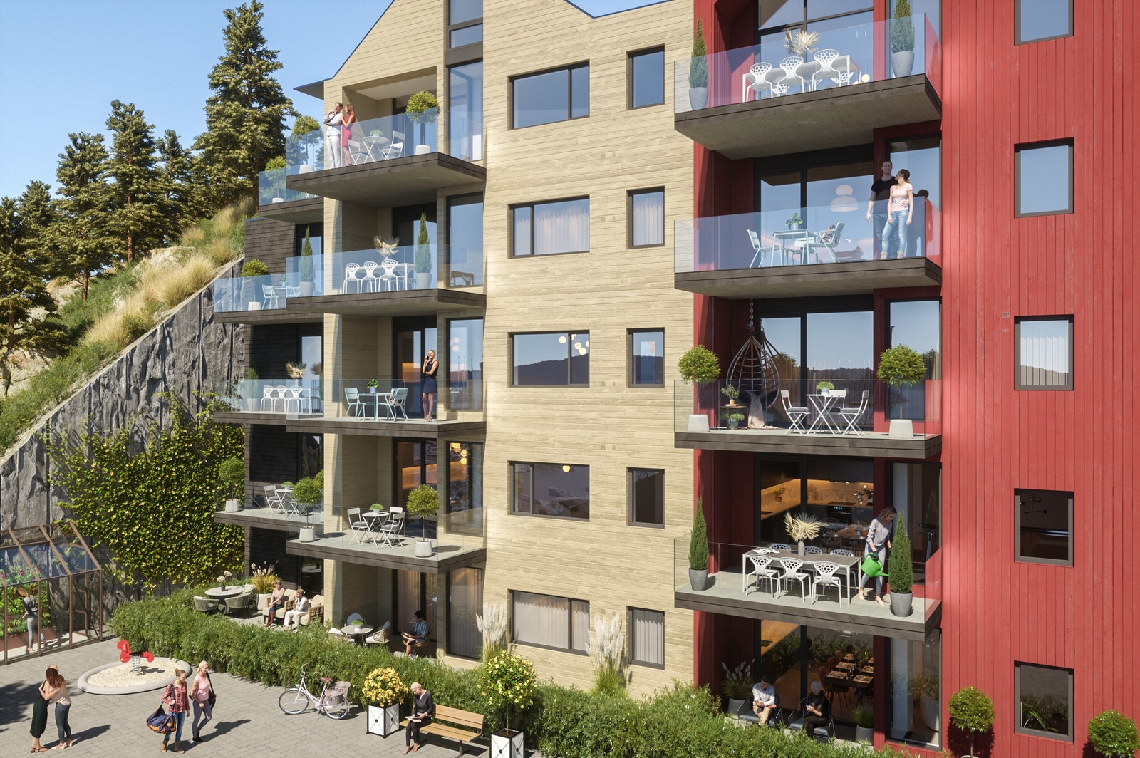 Beboerne har tilgang på felleshus, drivhus og lånerom. Galleribilde
