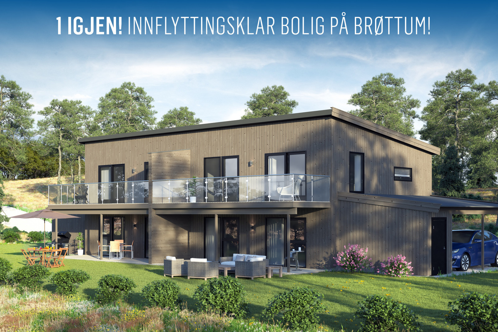 Velkommen hjem til Brøttum! (3D illustrasjon) En er overlevert og den siste er nå innflyttingsklar!