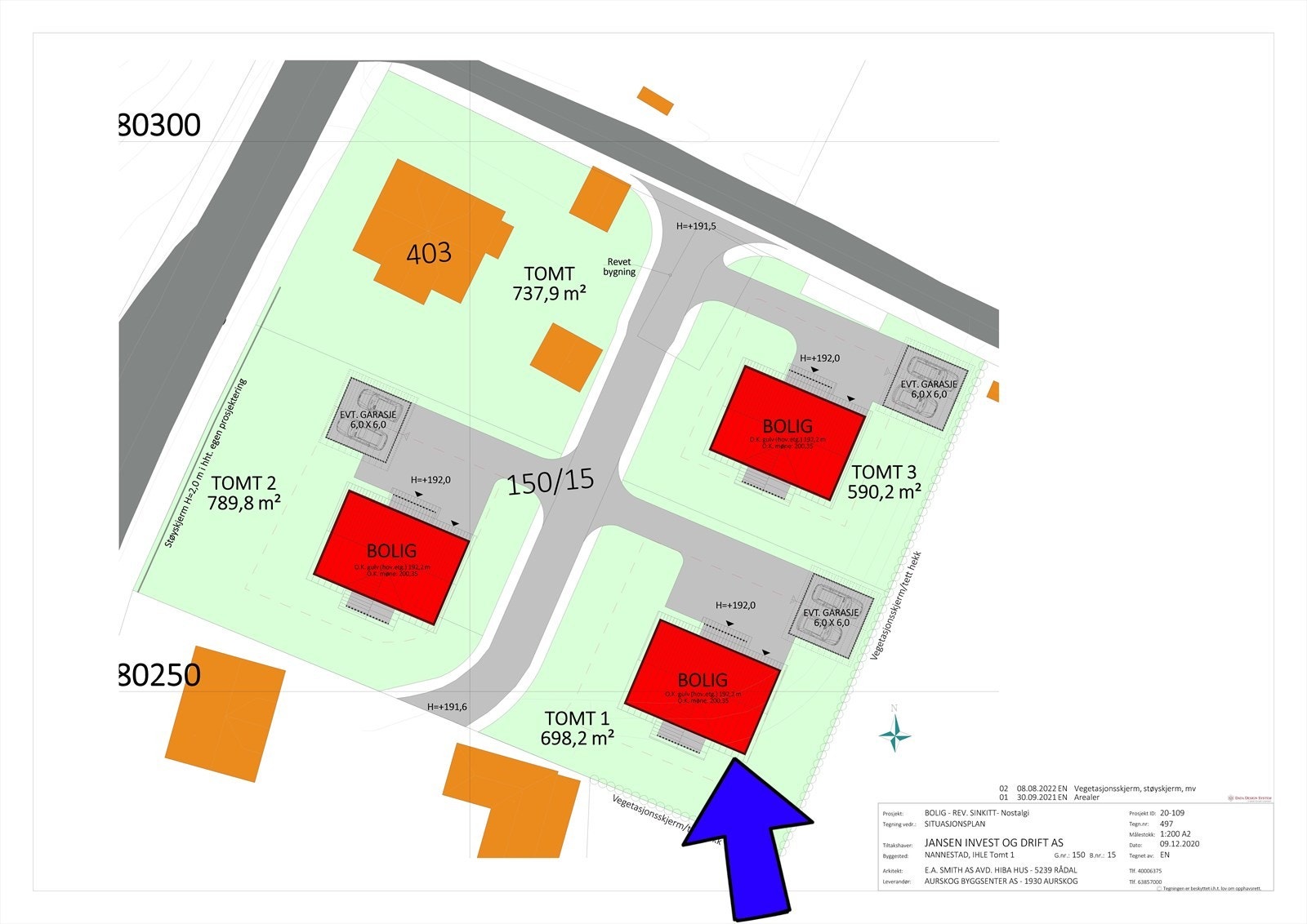 Situasjonsplan med pil tomten. Tomt 2 er solgt. Galleribilde