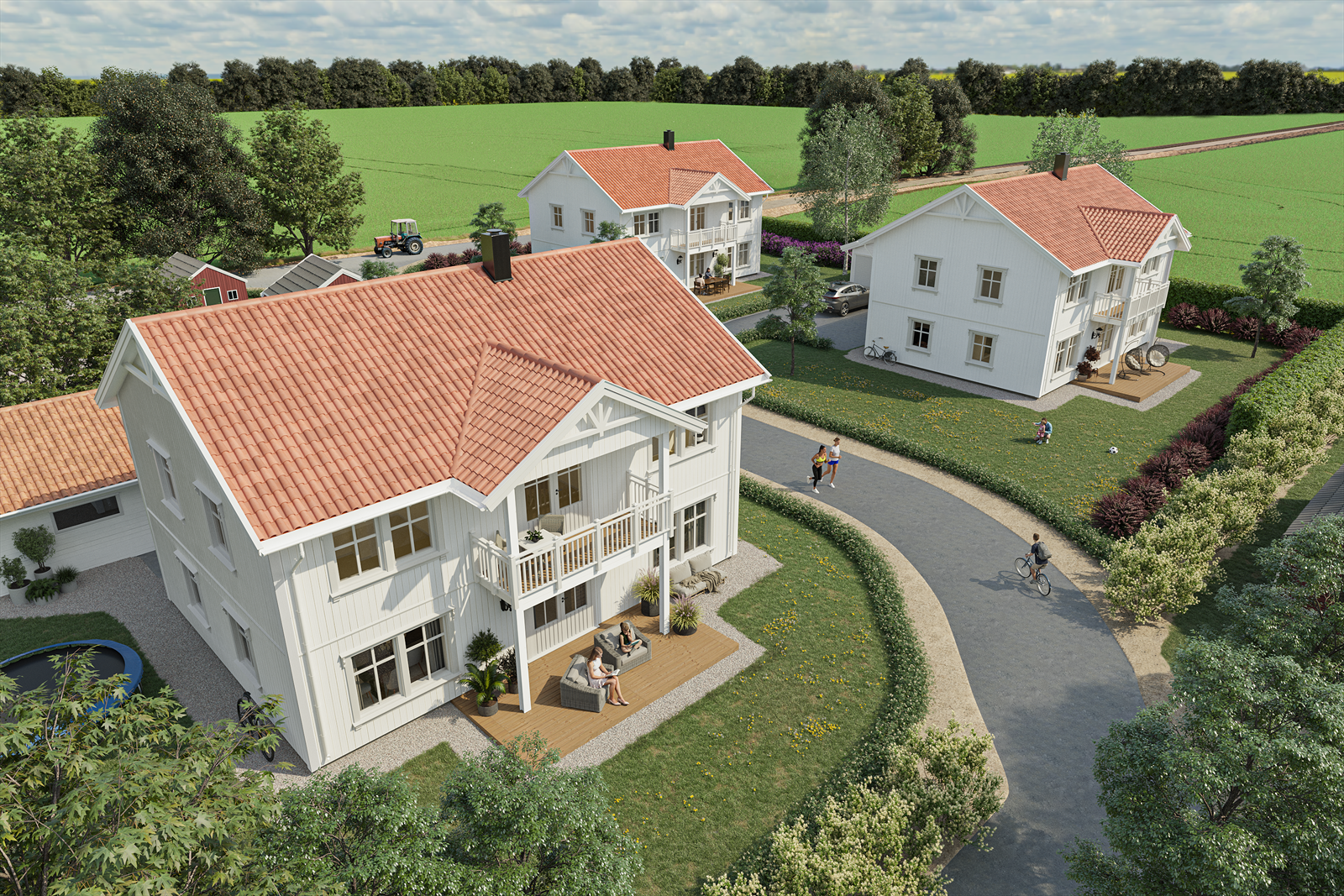 Illustrasjon alle 3 boligene. Det er den til høyre som selges nå. Galleribilde