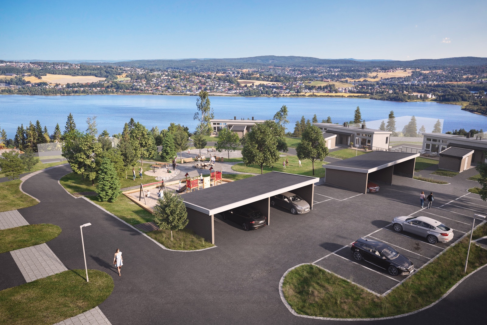 Felles parkeringsplasser og carporter. I tillegg en flott lekeplass hvor barna kan utfolde seg | 3D-illustrasjonen er veiledende og kan avvike fra virkeligheten. Galleribilde