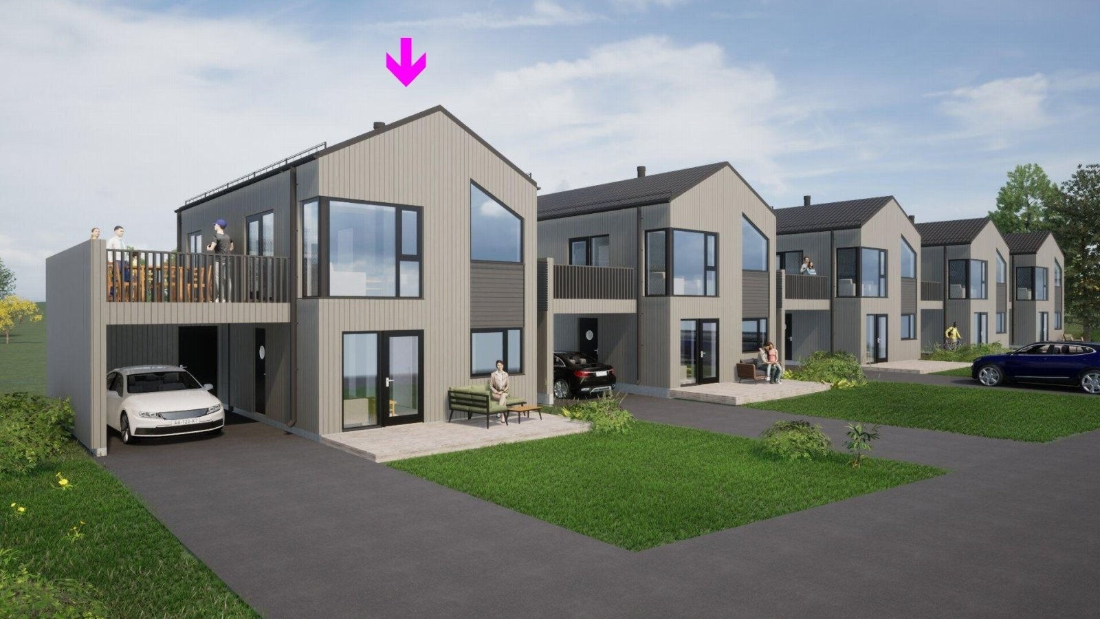 Moderne bolig på endetomt av rekken vi selger. Ekstra stor tomt! Galleribilde