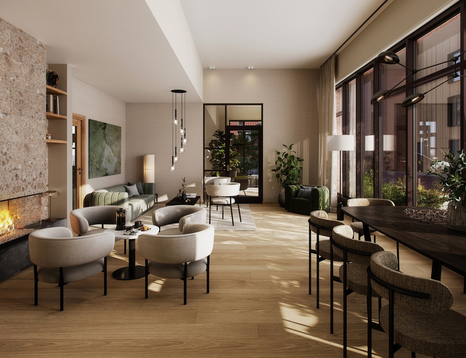 Beboerne får tilgang til et ca 400 kvm stort serviceområde med lobby, resepsjon, lounge, selskapsrom, møterom, treningsrom og 3 gjesterom. Her illustrasjon av lobbyen. Galleribilde