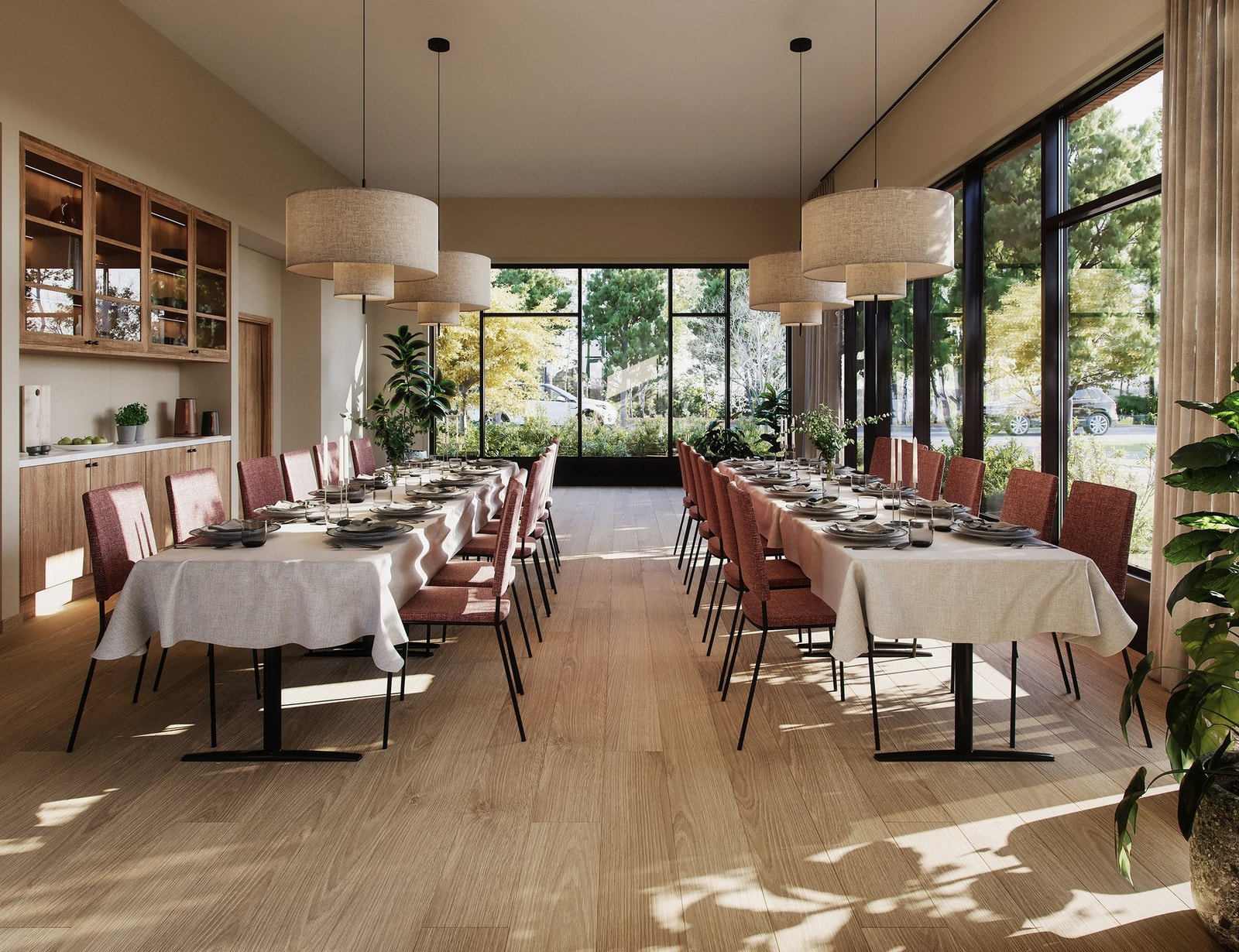 Beboerne får tilgang til et ca 400 kvm stort serviceområde med lobby, resepsjon, lounge, selskapsrom, møterom, treningsrom og 3 gjesterom. Her illustrasjon av selskapsrommet. Galleribilde