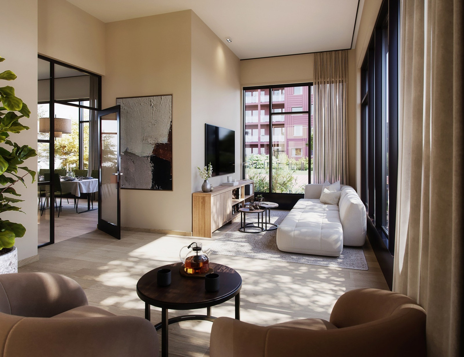 Beboerne får tilgang til et ca 400 kvm stort serviceområde med lobby, resepsjon, lounge, selskapsrom, møterom, treningsrom og 3 gjesterom. Her illustrasjon av tv-loungen. Galleribilde