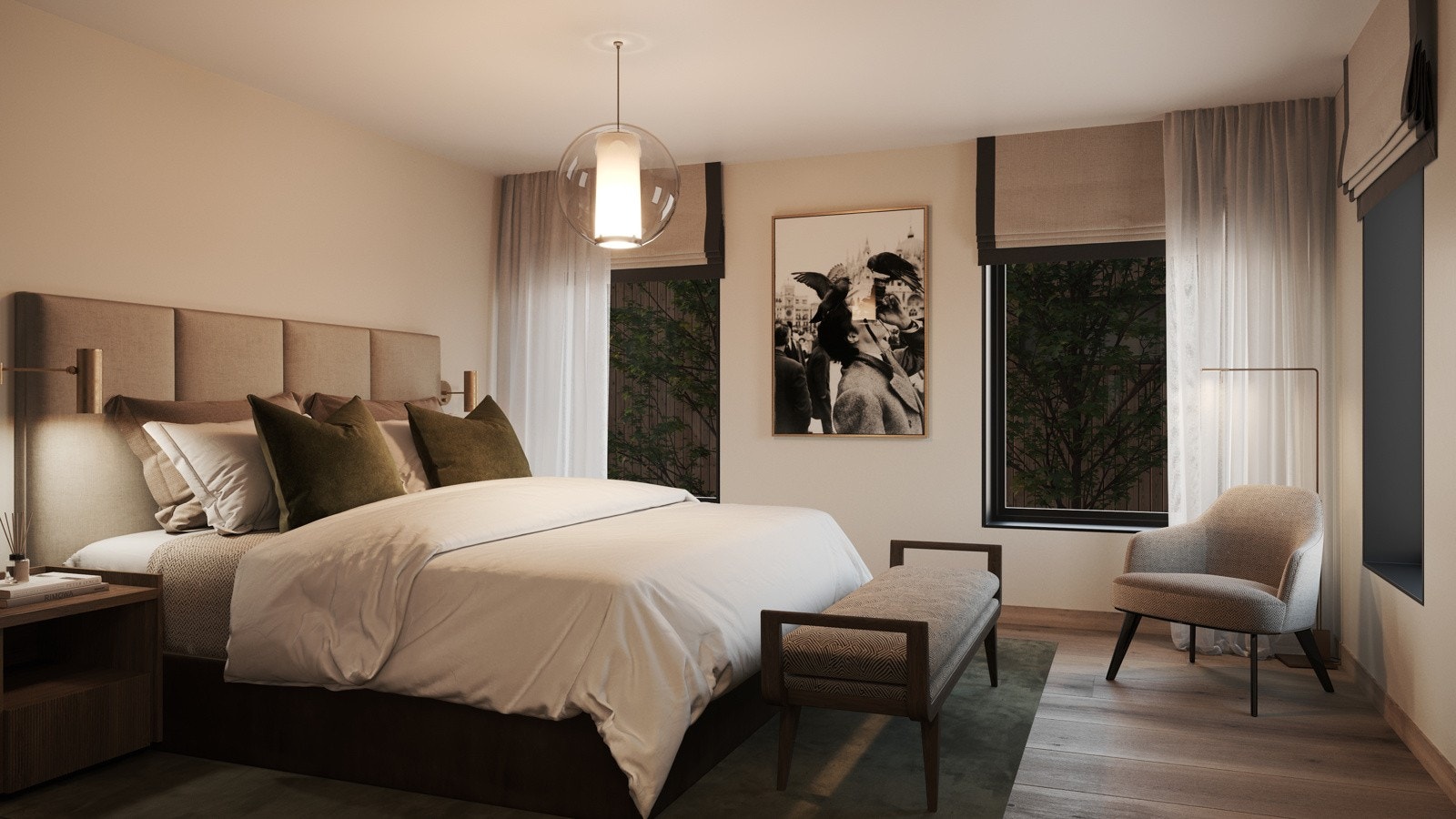 Hovedsoverom med walk-in og bad i tilknyttning - I standard leveranse er det mulighet for å velge mellom fargene Sheer Grey og Duggblå på soverom Galleribilde