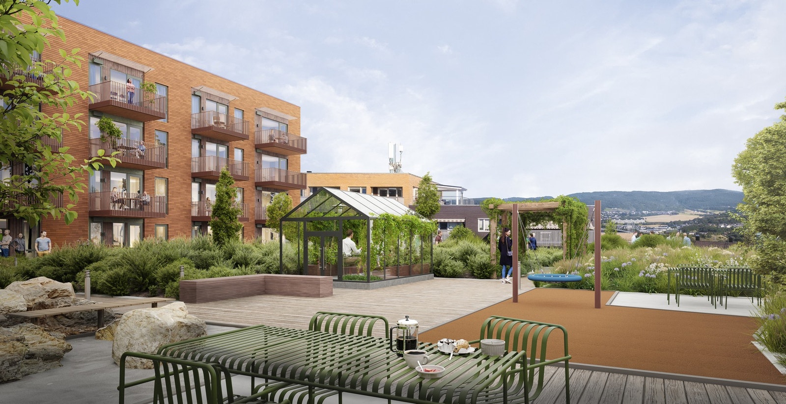 Det blir opparbeidet flotte fellesareal mellom byggene, som er ypperlig for barn og voksne i alle aldre. Illustrasjon, avvik kan forekomme. Galleribilde