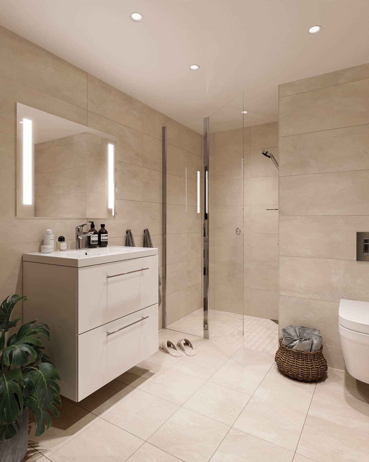 Du kan kostnadsfritt velge mellom en lys eller en mørk stil på badet. Illustrasjon av lys stil på bad i beige nyanse.jpg Galleribilde