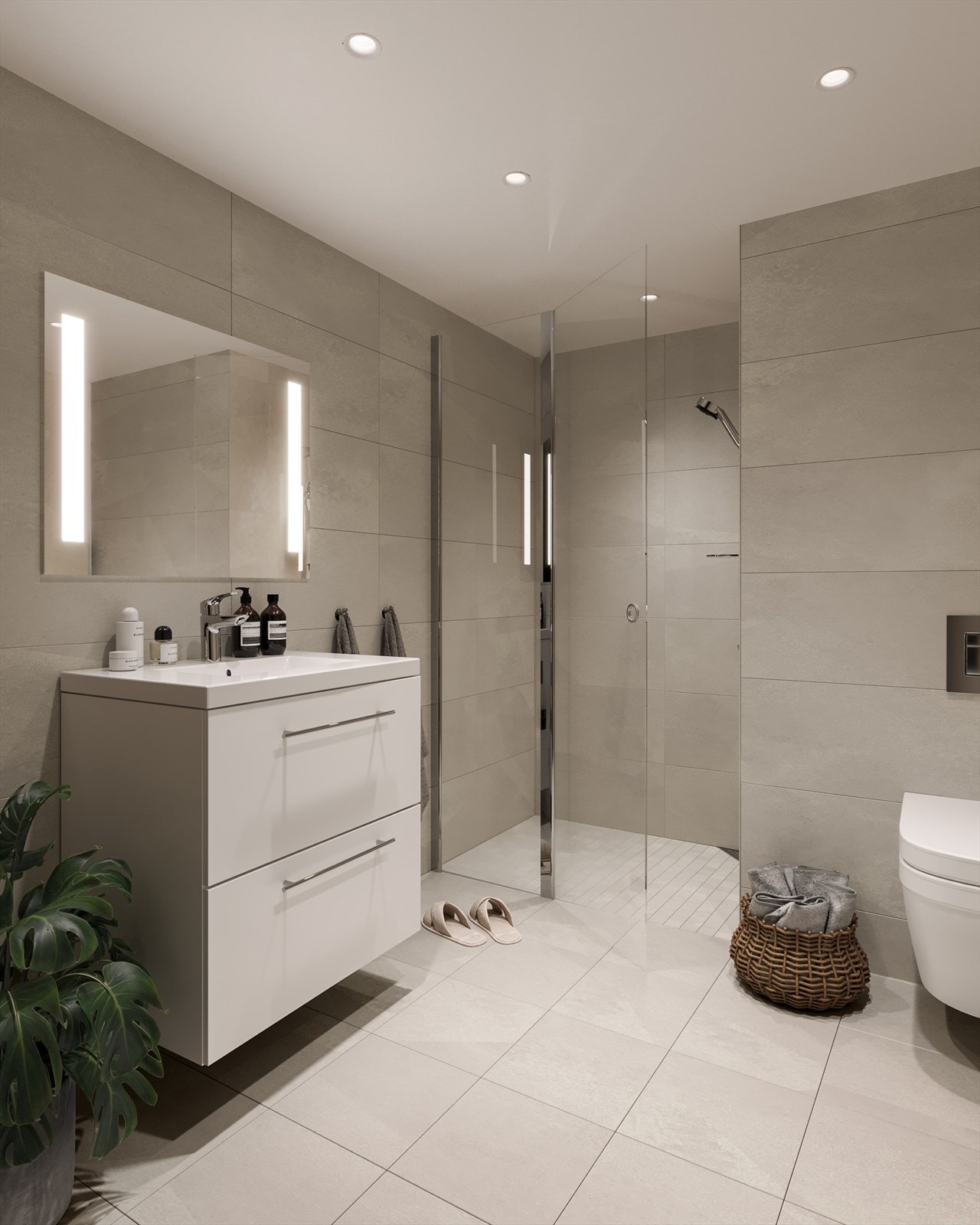 Du kan kostnadsfritt velge mellom en lys eller en mørk stil på badet. Illustrasjon av mørk stil på bad i grå nyanse.jpg Galleribilde