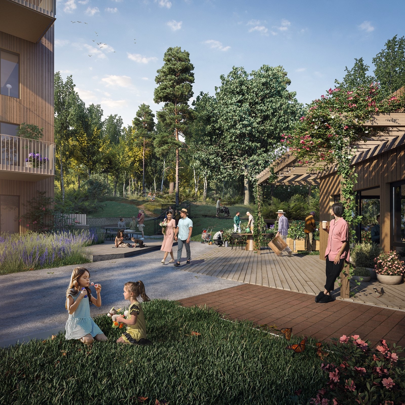 Vallertunet er hjertet i prosjektet. Det sosiale tunområdet byr på naturlige trenings- og lekeapparater, kjøkkenhage og sosiale uteplasser.jpg Galleribilde