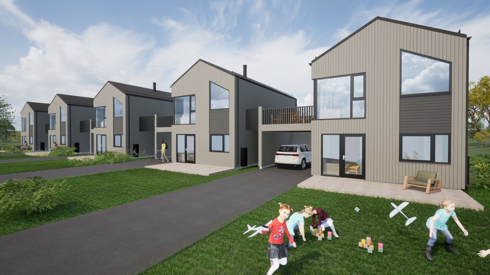 Tomten vil bli opparbeidet med grus til carport, ferdigplen mellom bolig og vei, grus mellom byggene og valgfritt jord eller grus på resterende tomt. Galleribilde