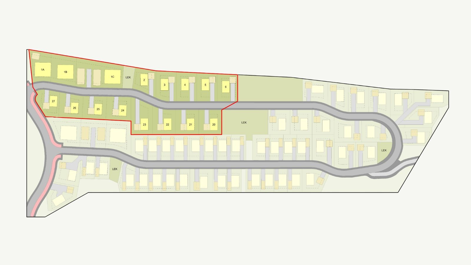 Tomtene markert innenfor rødt felt blir klargjort først. Alle tomter på Støle Terrasse vil være tilgjengelige for salg ved salgsstart.