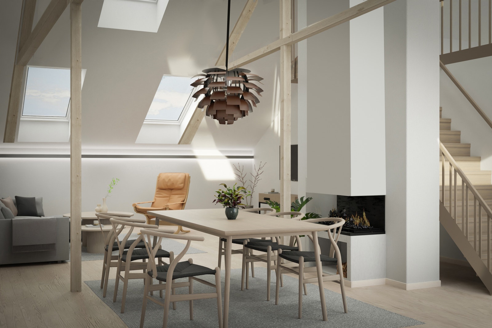 Åpen spisestue/stue med trapp til mesanin Galleribilde