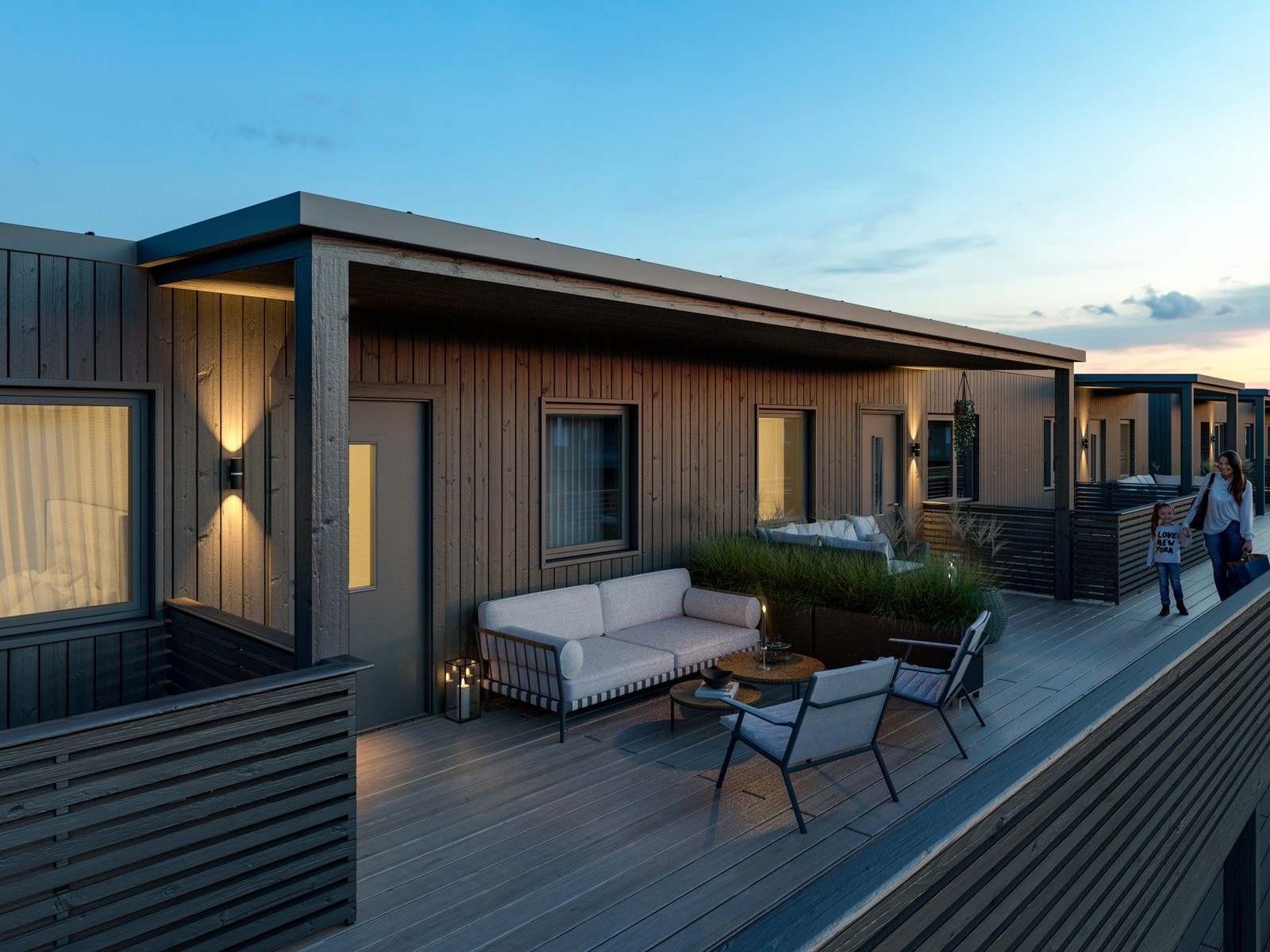 Hver bolig får privat uteplass i forbindelse med inngangsdøren, i tillegg til den store verandaen. Galleribilde