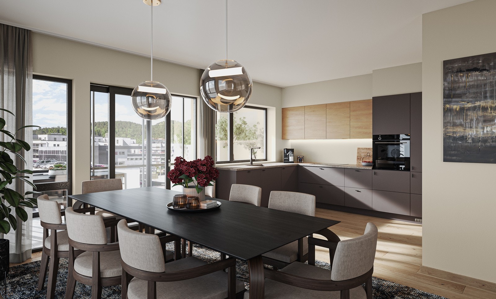 - Staude har et sofistikert og modent preg der mørke tregulv samspiller med varme jordtoner og sorte kontraster - Galleribilde