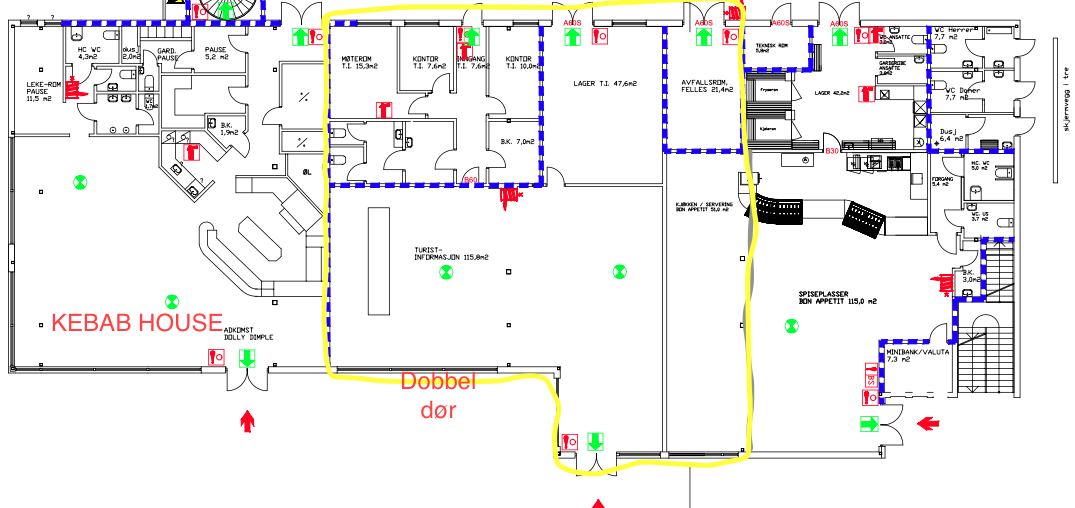 lokalet er markert i gult. Det er satt inn en dør som ikke er med i tegning. Galleribilde
