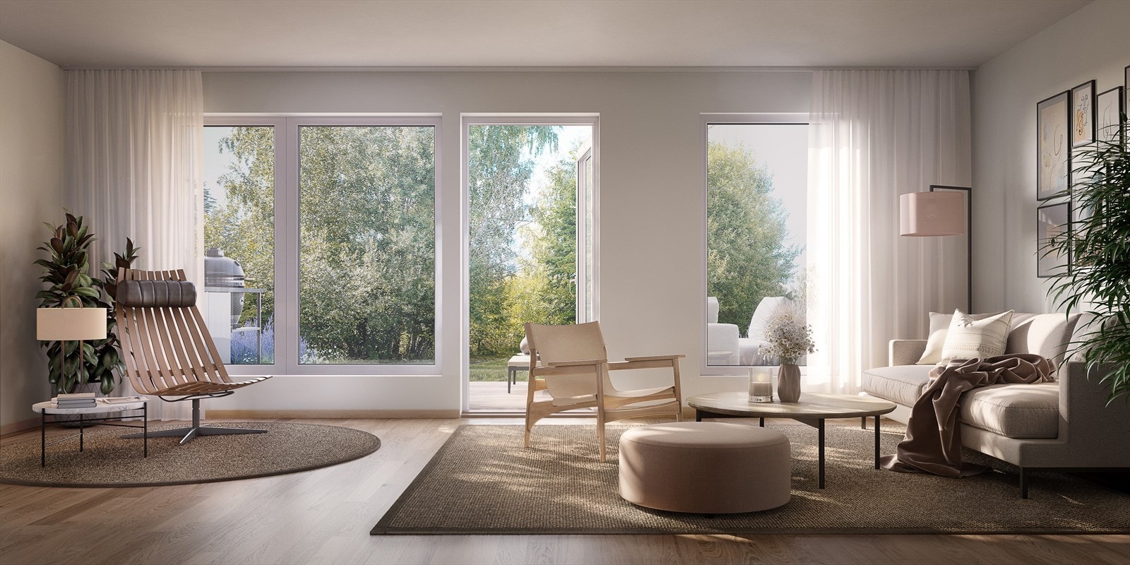 Pene og praktiske hjem med flott design kombinert med funksjonelle løsninger. Illustrasjonsfoto av enebolig i rekke. Avvik vil forekomme. Galleribilde