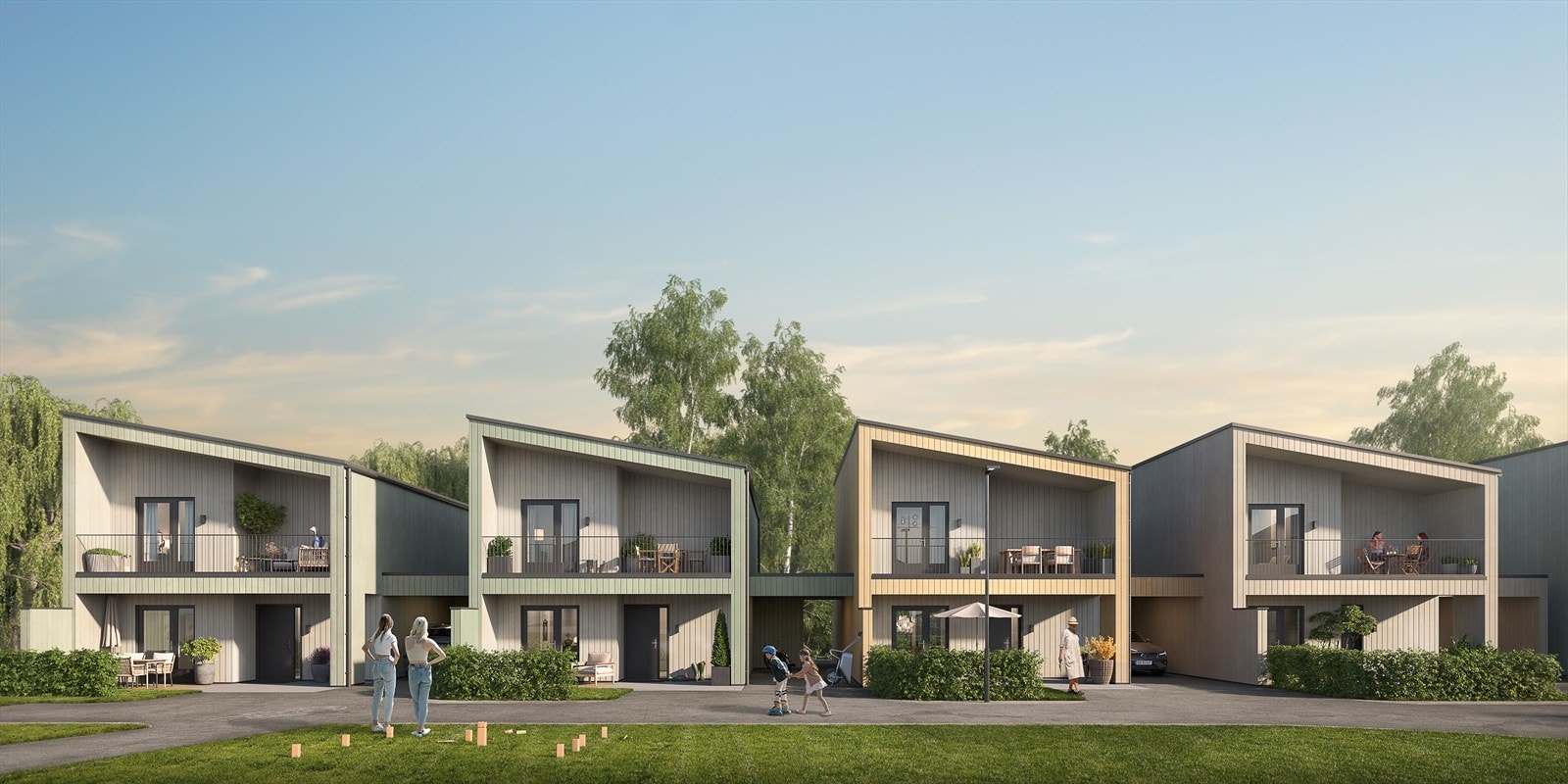 Flere solrike uteplasser optimaliserer mulighetene for å nyte både for- og ettermiddagssol. Boligene etablert på bakkeplan, får eksklusiv bruksrett til plenareal i forlengelsen av markterrassen Illustrasjonsfoto av eneboliger i rekke. Avvik vil forekomme. Galleribilde