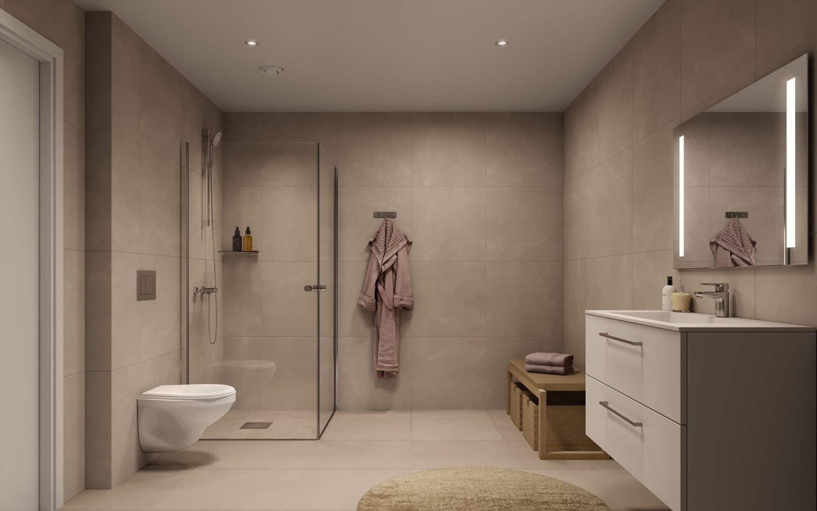 Badene får en stilren baderomsinnredning med skuffer i hvit front og speil med integrert belysning. Illustrasjonsfoto fra enebolig i rekke. Avvik vil forekomme. Galleribilde