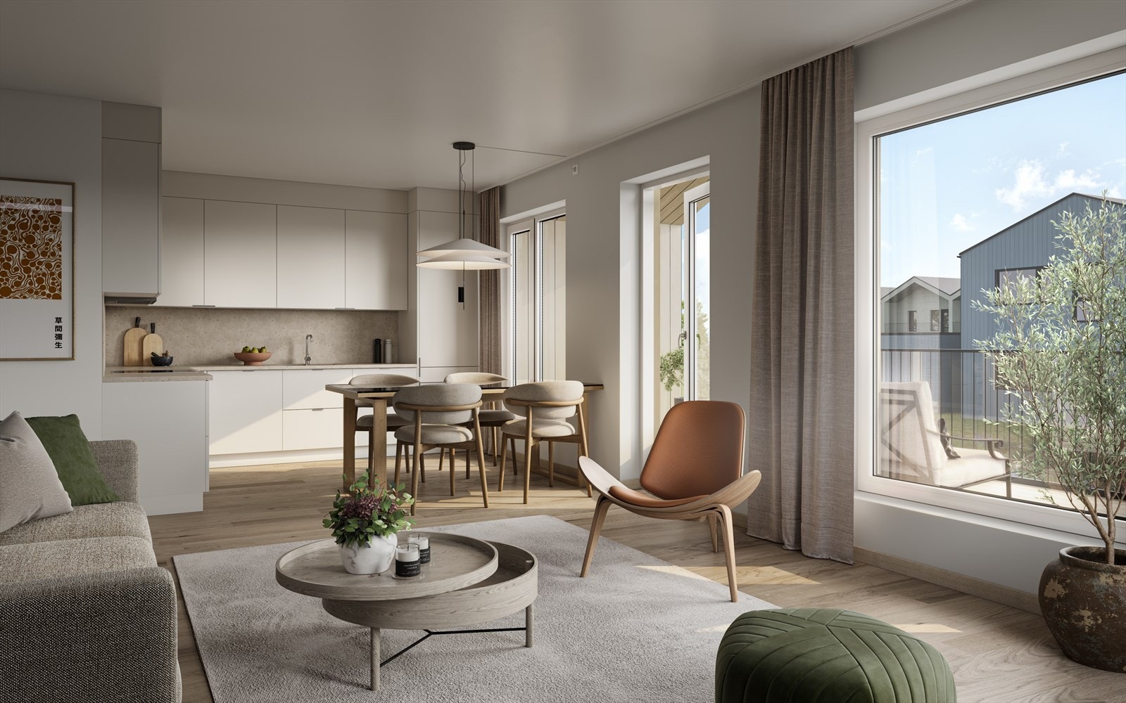 Stue- og kjøkkenløsning med store vindusflater og balkong. Vannbåren varme gir økt komfort. Illustrasjonsfoto av leilighet i firemannsbolig. Avvik vil forekomme. Galleribilde