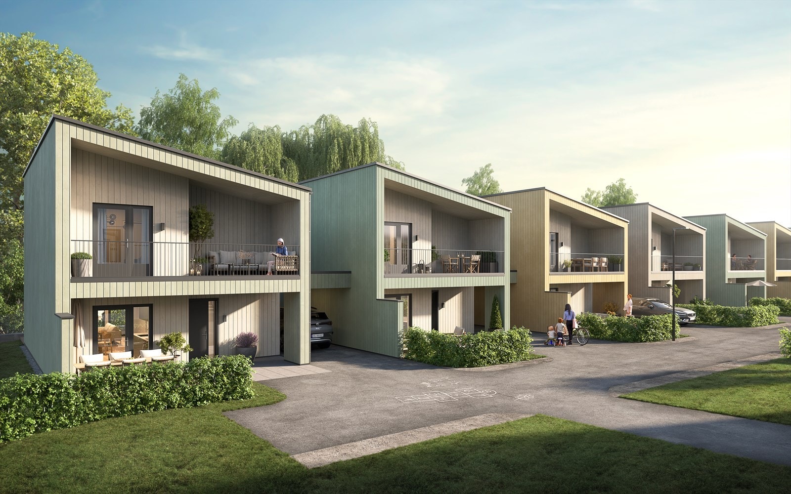 Fellesnevneren for alle boligene er solrik og sentral beliggenhet, privatiserte uteområder, fleksible planløsninger, store vindusflater, vannbåren gulvvarme i stue/ kjøkken, samt carport. Illustrasjonsfoto av enebolig i rekke. Avvik vil forekomme. Galleribilde