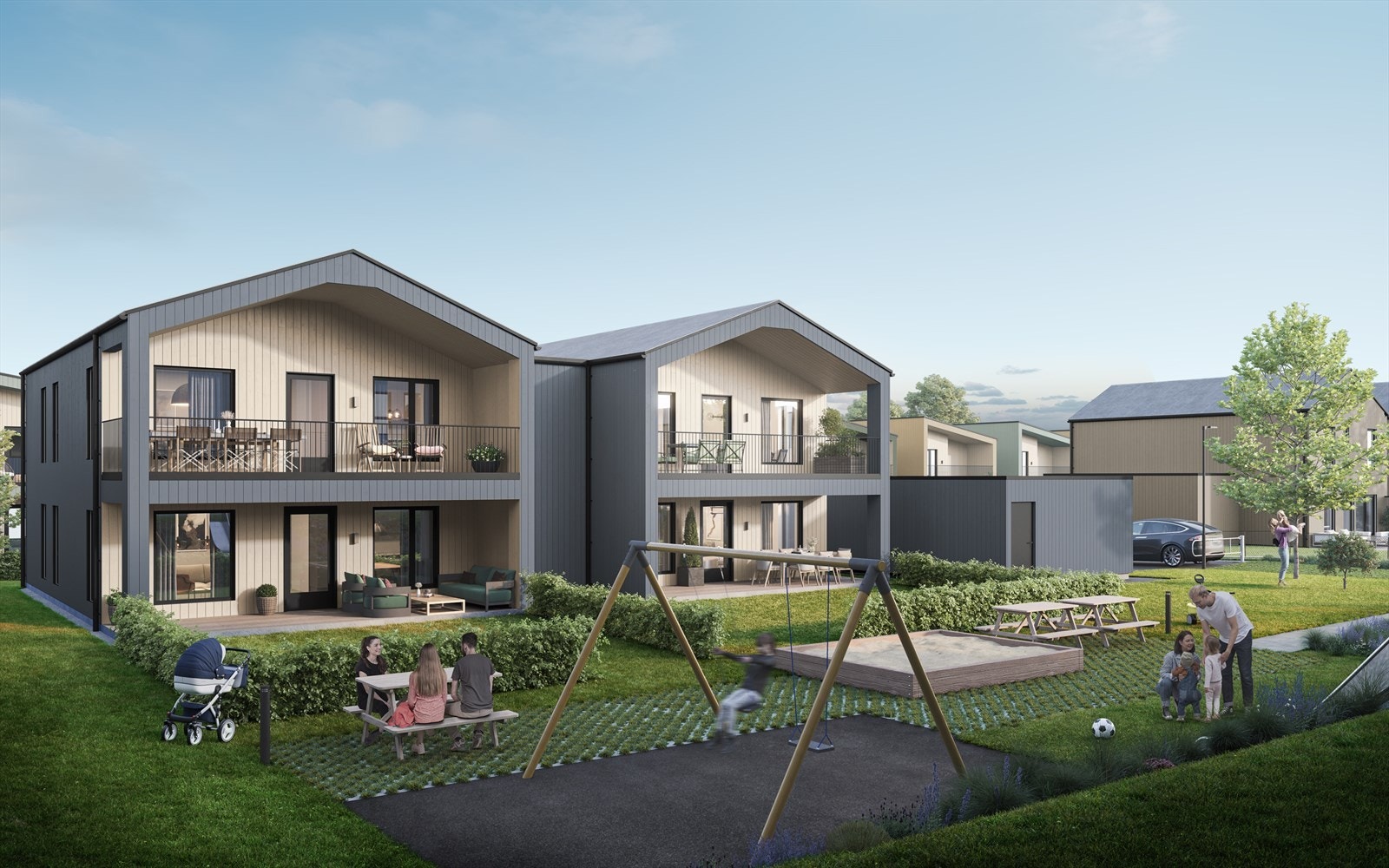 Velkommen til Klosterskogen Hage.
Alle boligene får privat sør-/vestvendt balkong eller terrasse som vender mot de rolige og hyggelige uteområdene. Illustrasjonsfoto av firemannsbolig. Avvik vil forekomme. Galleribilde