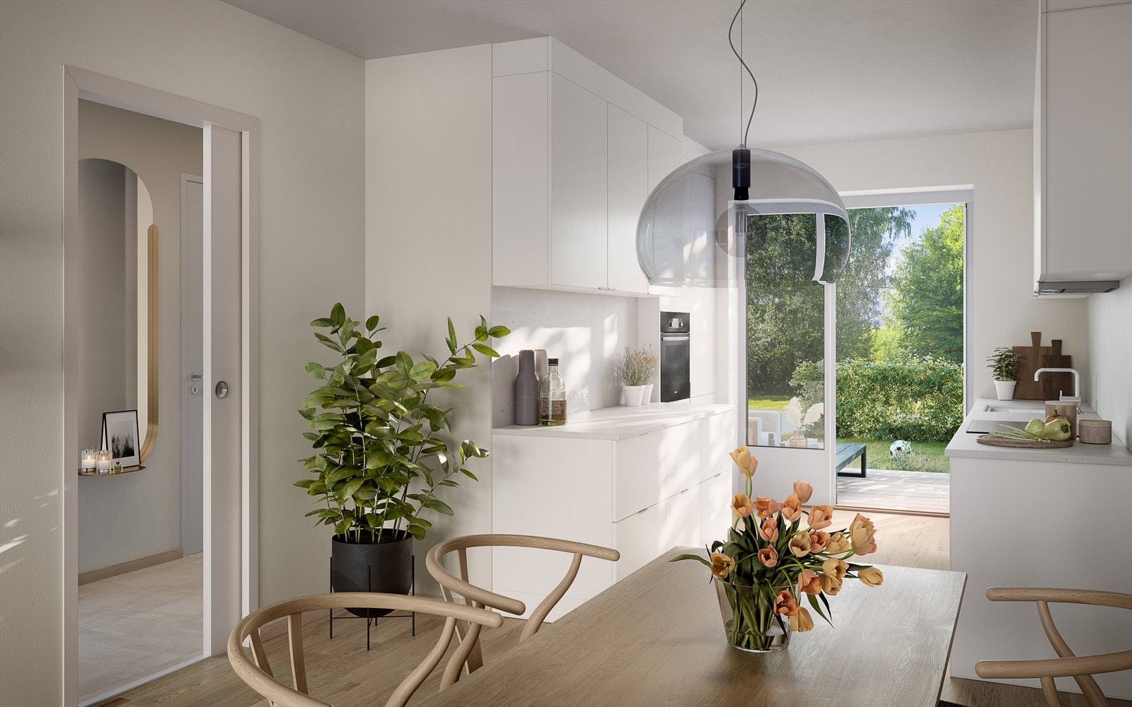 Delikat kjøkken med integrerte hvitevarer, stekeovn i høyskap og god skap- og benkplass. Illustrasjonsfoto fra enebolig i rekke. Avvik vil forekomme. Galleribilde