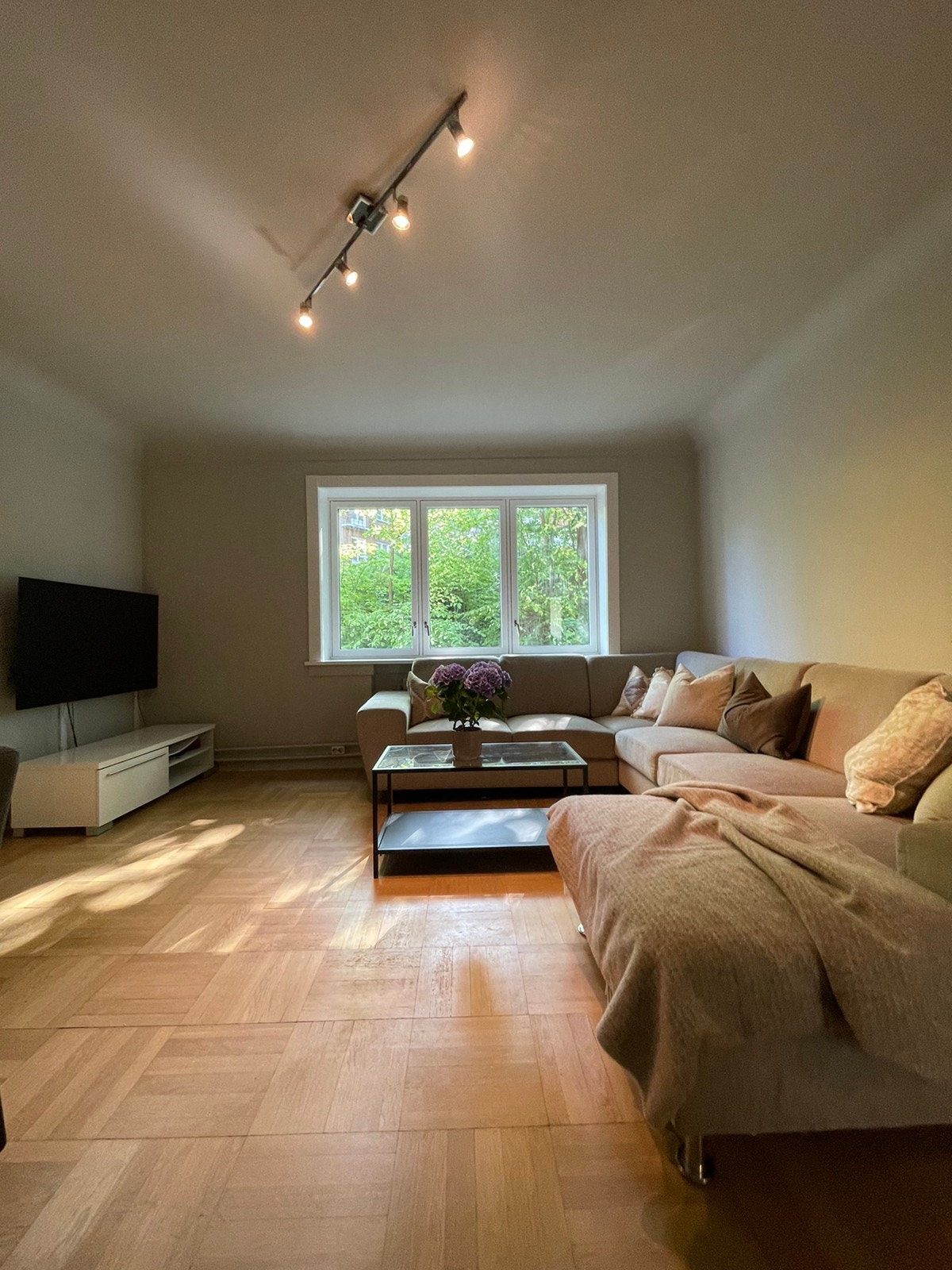 Stue med plass til både stor sofa og spisebord Galleribilde