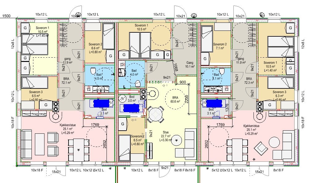 Planløsning - 4 leiligheter med 3 soverom, og to leiligheter med 2 soverom Galleribilde