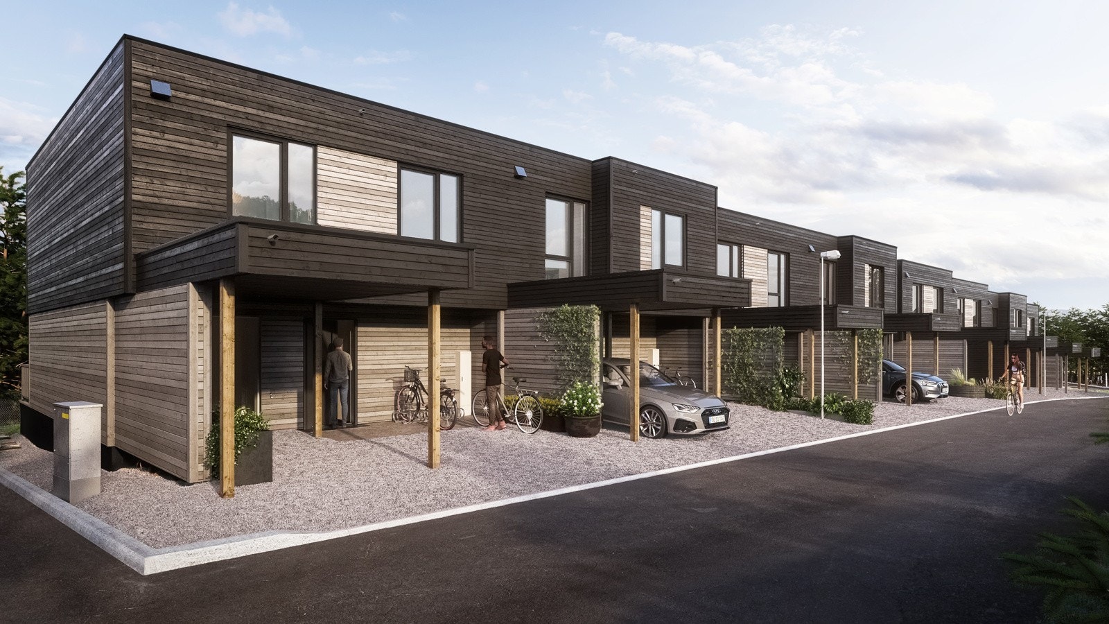 Her parkerer man rett i egen carport på tomt. Galleribilde