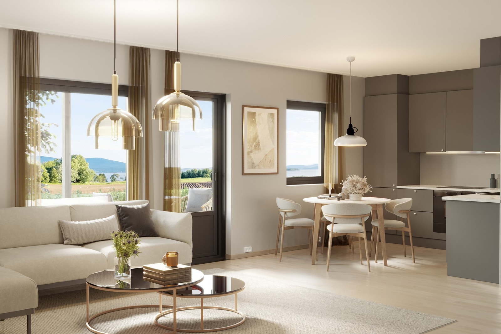 Illustrasjon - Stue/kjøkken fra en av leilighetene med utsikt sørover Galleribilde