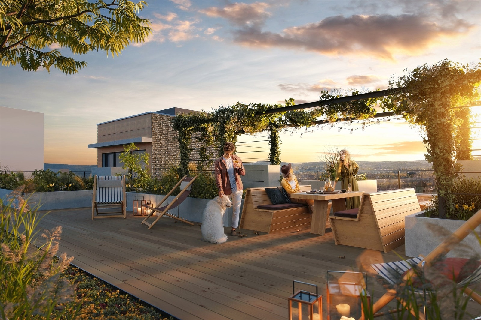 Felles takterrasse med fantastisk utsikt utover byen og sol til langt på kveld.jpg Galleribilde