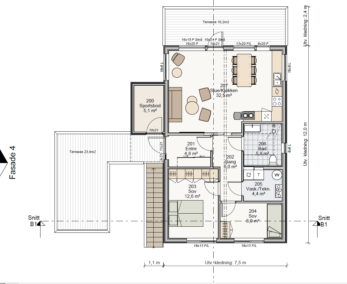 Stor takterrasse på plan 2 tomannsbolig.