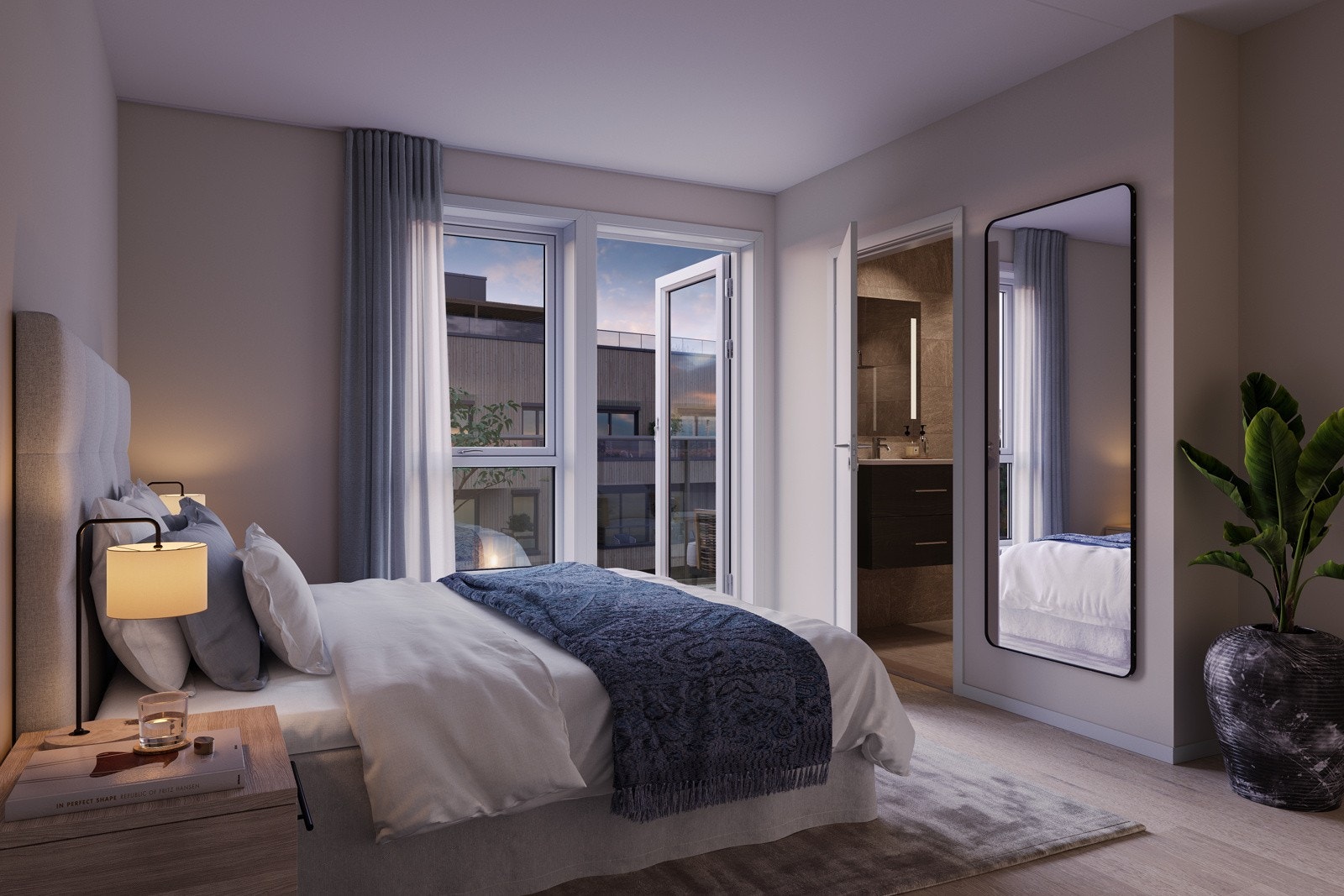 Illustrasjon av soverom for konsept MER. Flere av leilighetene får egen master avdeling med utgang til balkong og eget bad. Galleribilde
