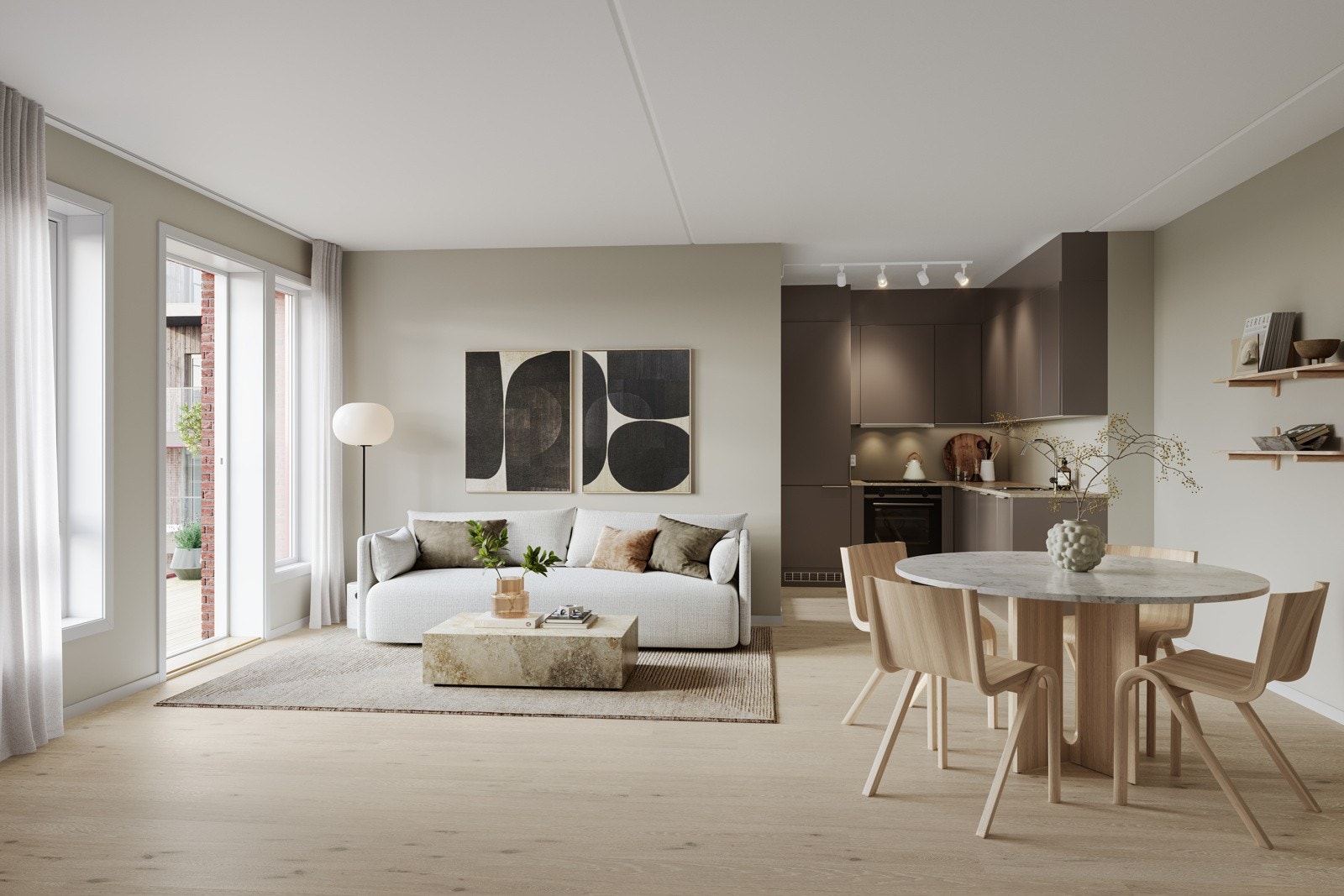 Alle leilighetene i dette salgstrinnet får enten en flott balkong eller markterrasse. Illustrasjon av stue/kjøkken for konsept MER med kjøkkenfronter i fargen Mokka (tilvalg). Galleribilde
