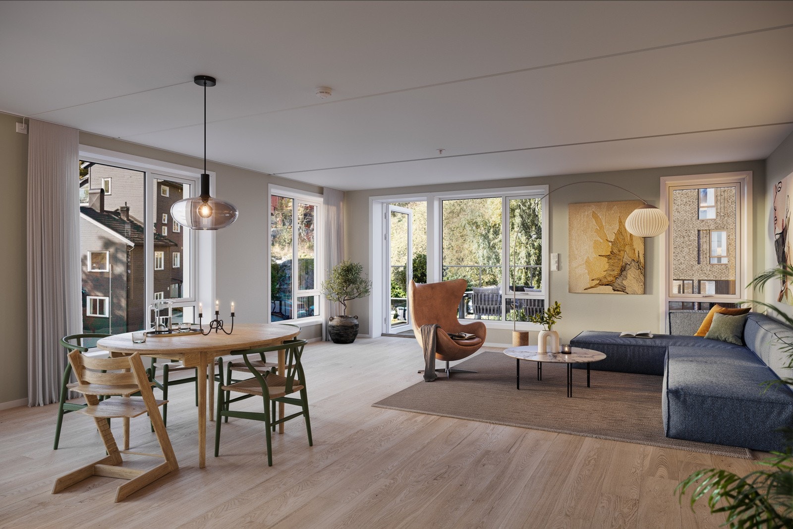 Leilighetene har store vindusflater som slipper inn mye lys og gir en god romfølelse. Illustrasjon av stue for konsept PRIMÆR. Galleribilde