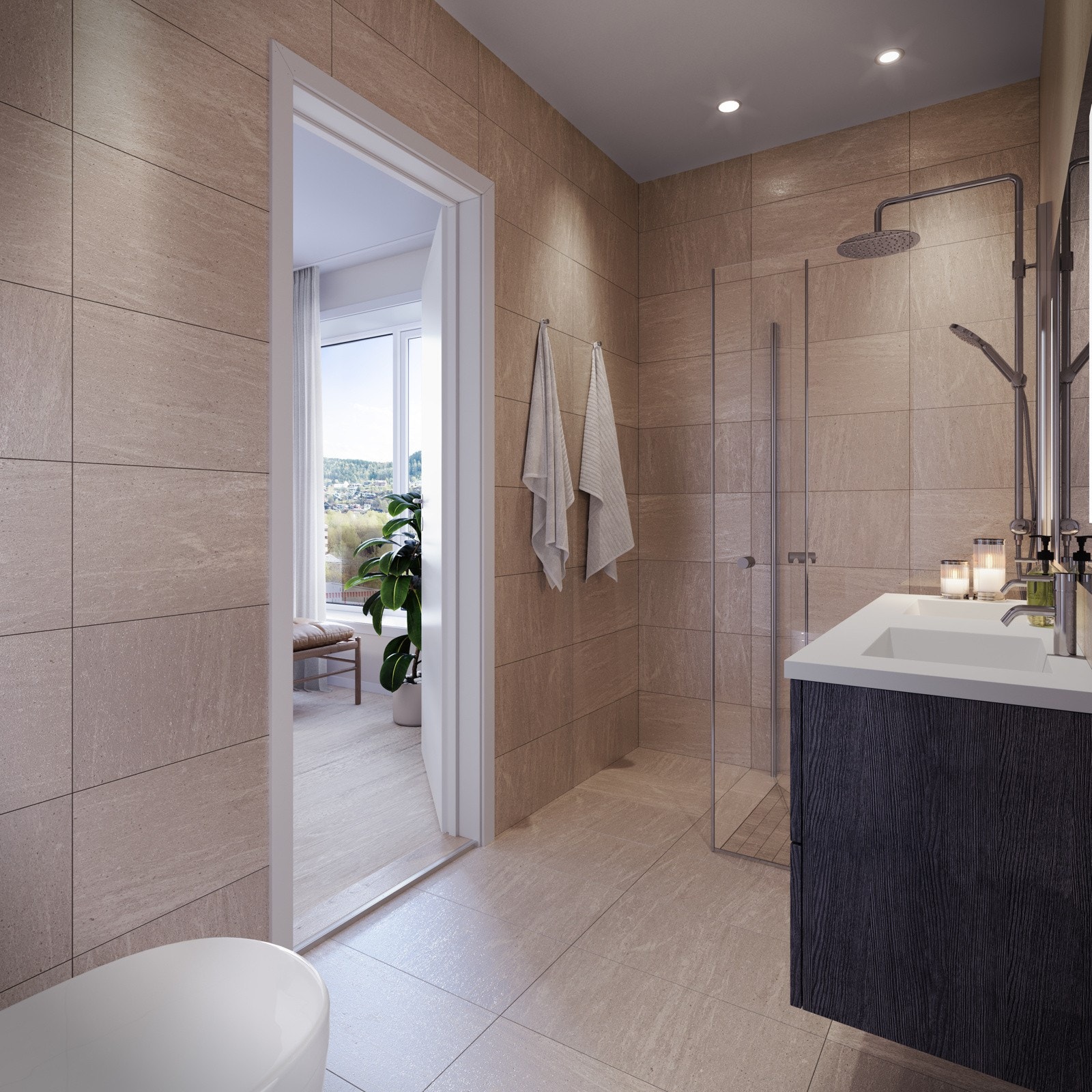 llustrasjon av bad for konsept MER med delikate fliser i størrelse 30x60 på vegger og gulv. Avvik kan forekomme. Galleribilde