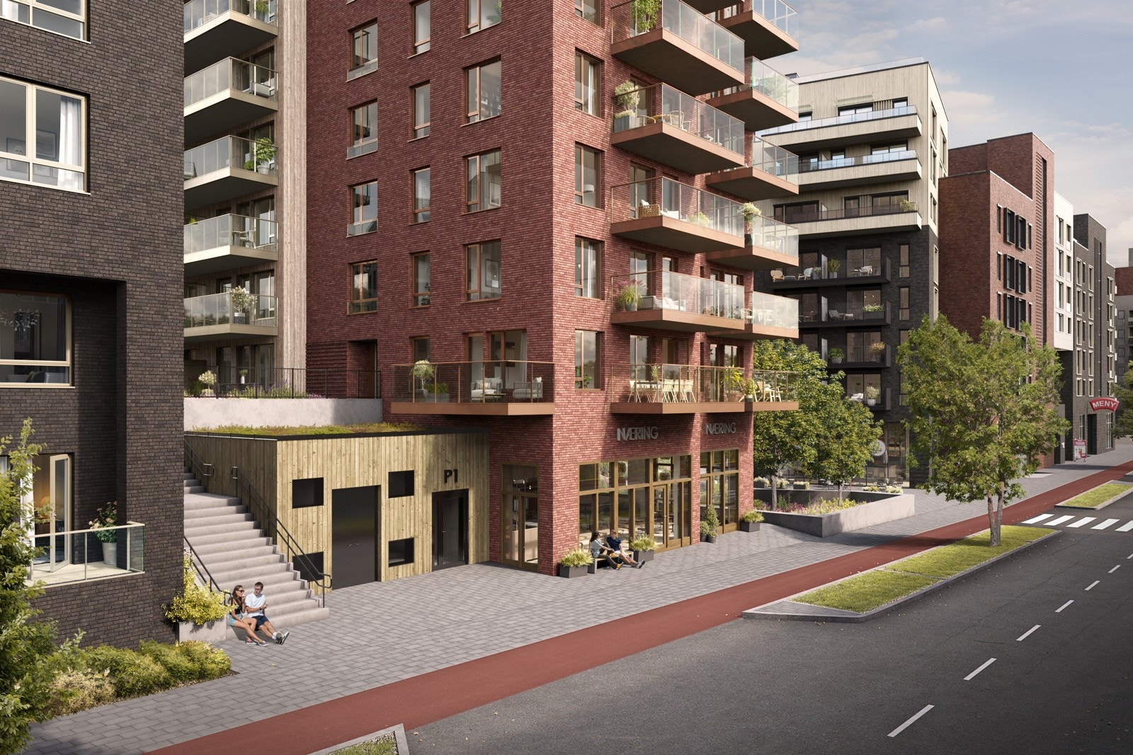 På Frysjaparken har du et nærsenter som vil inneholde blant annet Meny, blomsterforretning, frisør, apotek og Jønk burger. Nabolaget kan også by på kafé, restauranter, søndagsåpen butikk og treningssenter. Det åpner også veterinær sommeren 2024. Galleribilde