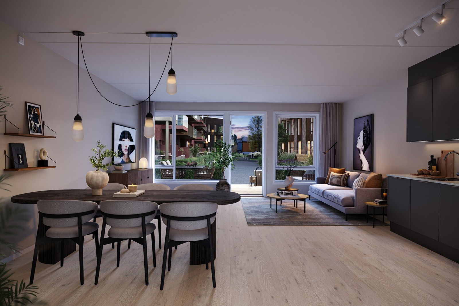 Dersom du er tidlig ute, vil du få muligheten til å sette ditt personlige preg på leiligheten gjennom tilvalgsprosessen og hvor mange av tilvalgene er kostnadsfrie. Illustrasjon av stue/kjøkken for konsept MER med Koksgrå kjøkkenfronter (tilvalg). Galleribilde