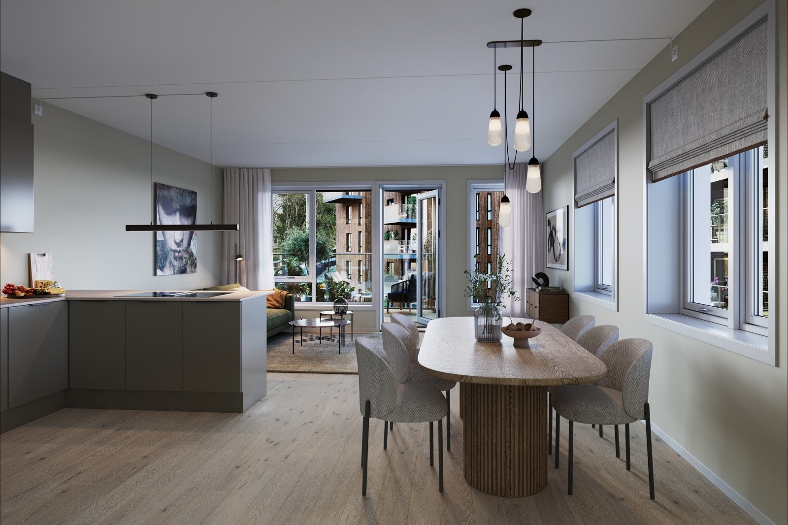 Felles for konsept MER og PRIMÆR er at gulvet kommer i 1-stavs parkett i eik. Leilighetene får god takhøyde som skaper en god og luftig atmosfære i hele leiligheten. Illustrasjonen viser kjøkken for konsept MER med Koksgrå kjøkkenfronter (tilvalg). Galleribilde