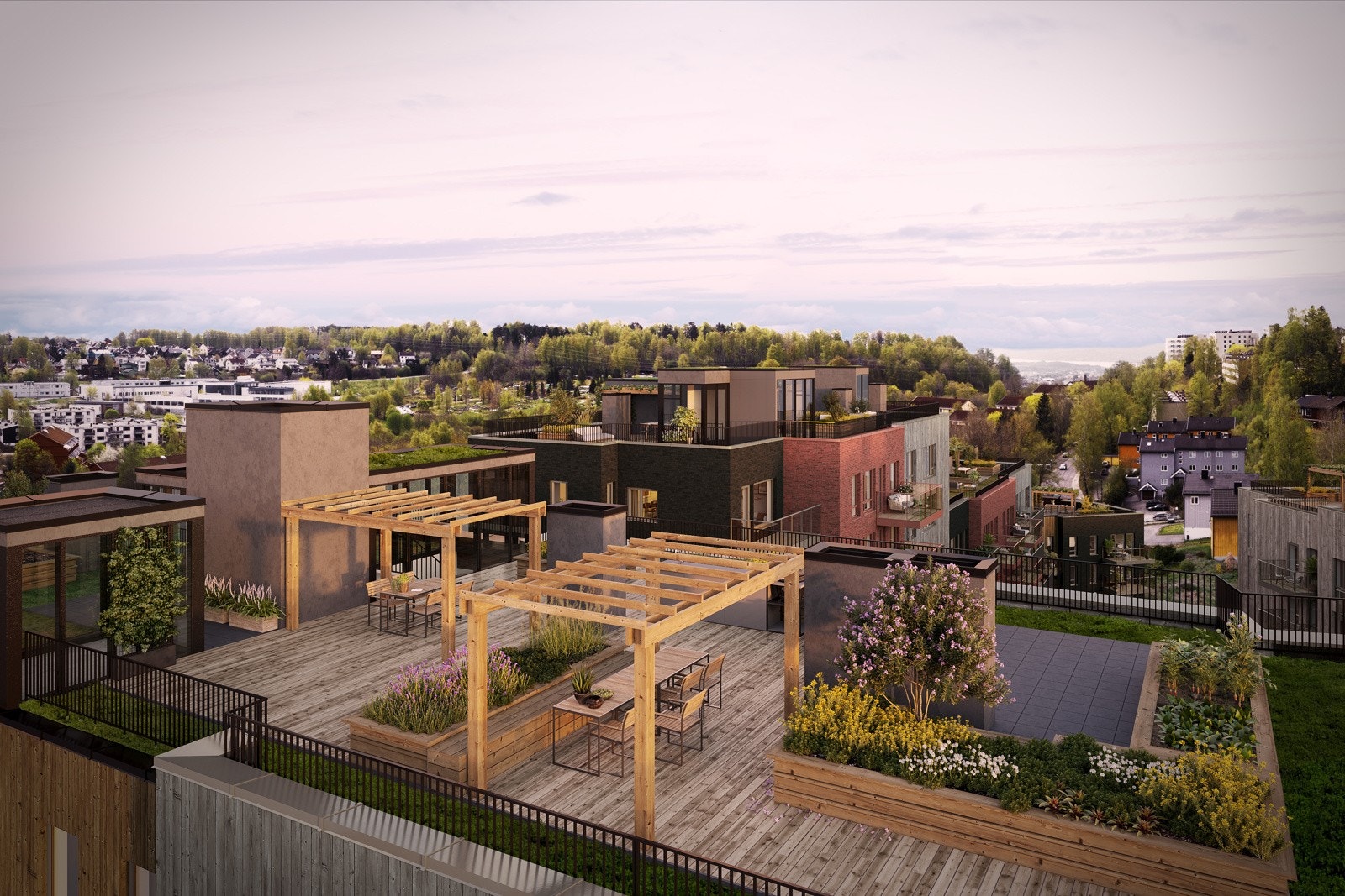 På Frysjatunet skapes det flotte oppholdsarealer ute på takene. Det blir både private takterrasser til enkelte leiligheter, og flere felles takterrasser som alle som bor i borettslaget kan benytte seg av. Illustrasjon av takterrasse, avvik kan forekomme. Galleribilde