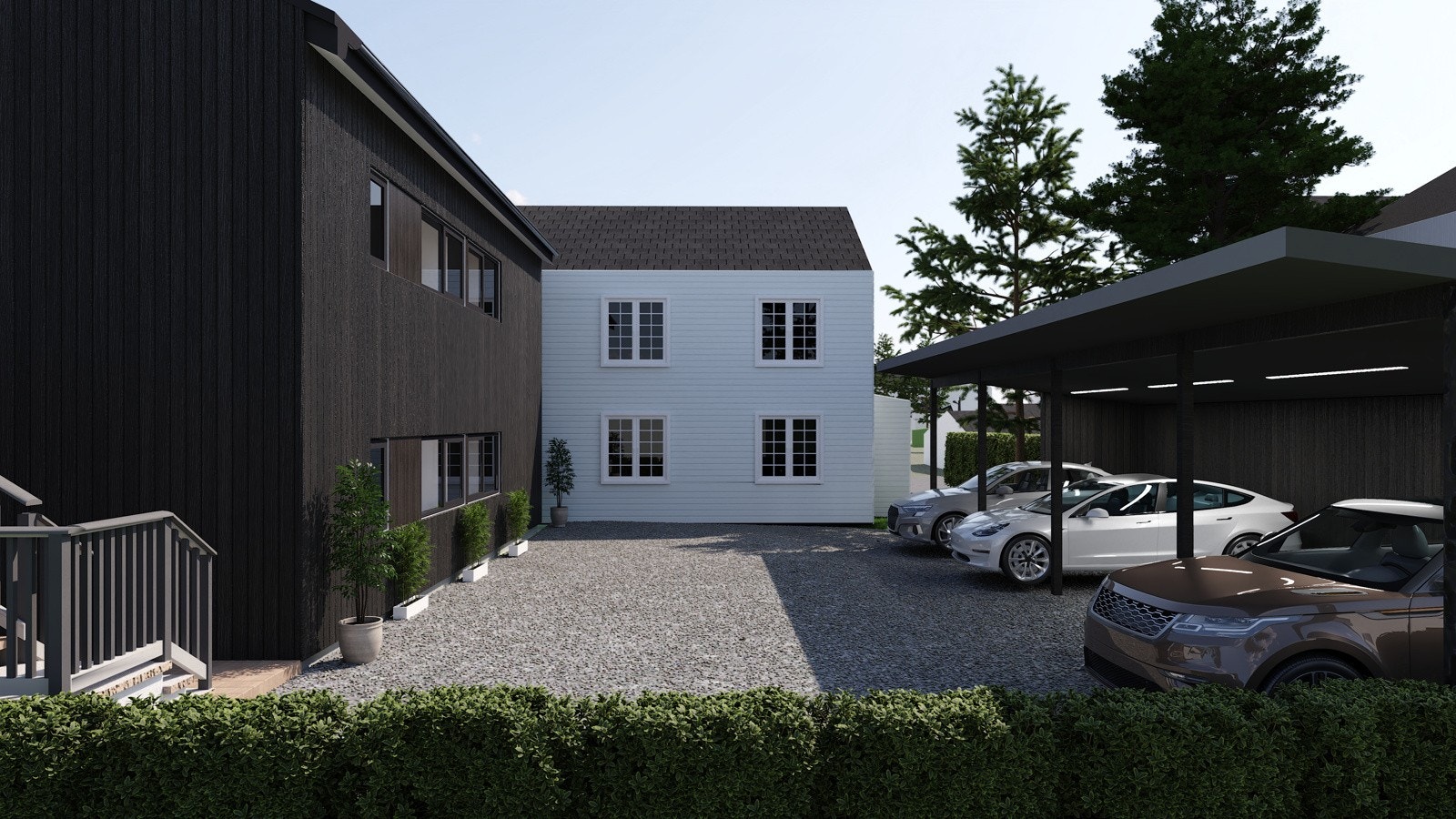 Begge leilighetene får parkering i carport Galleribilde