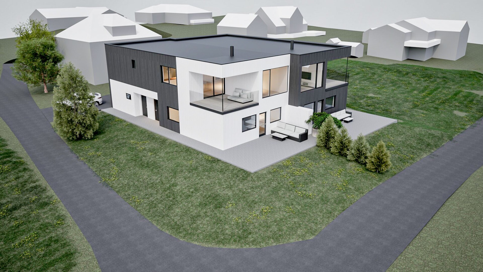 Spennende arkitektur med store vindusflater og romslig veranda. Galleribilde