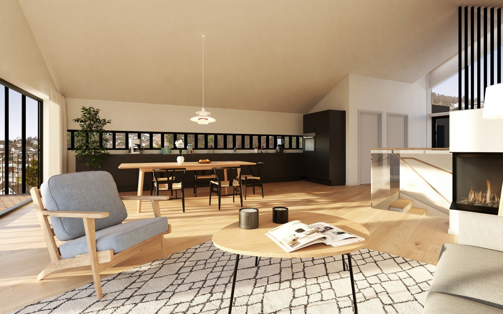 Kjøkken leveres fra Aubo og kjøper kan fritt velge en pakke hos denne kvalitetsleverandøren. Det kan velges kjøkkenleveranse til en verdi av kr. 200.000,-. Spilevegg i trapp leveres som vanlig rekkverkhøyde, ikke helt til tak som avbildet i illustrasjon Galleribilde