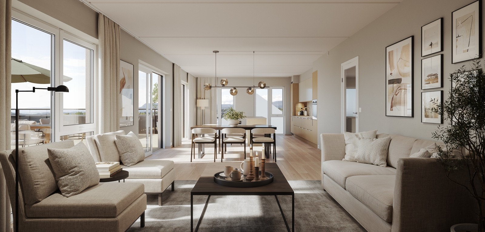 Stue og kjøkken i leilighet 5011, en flott toppleilighet med privat takterrasse Galleribilde