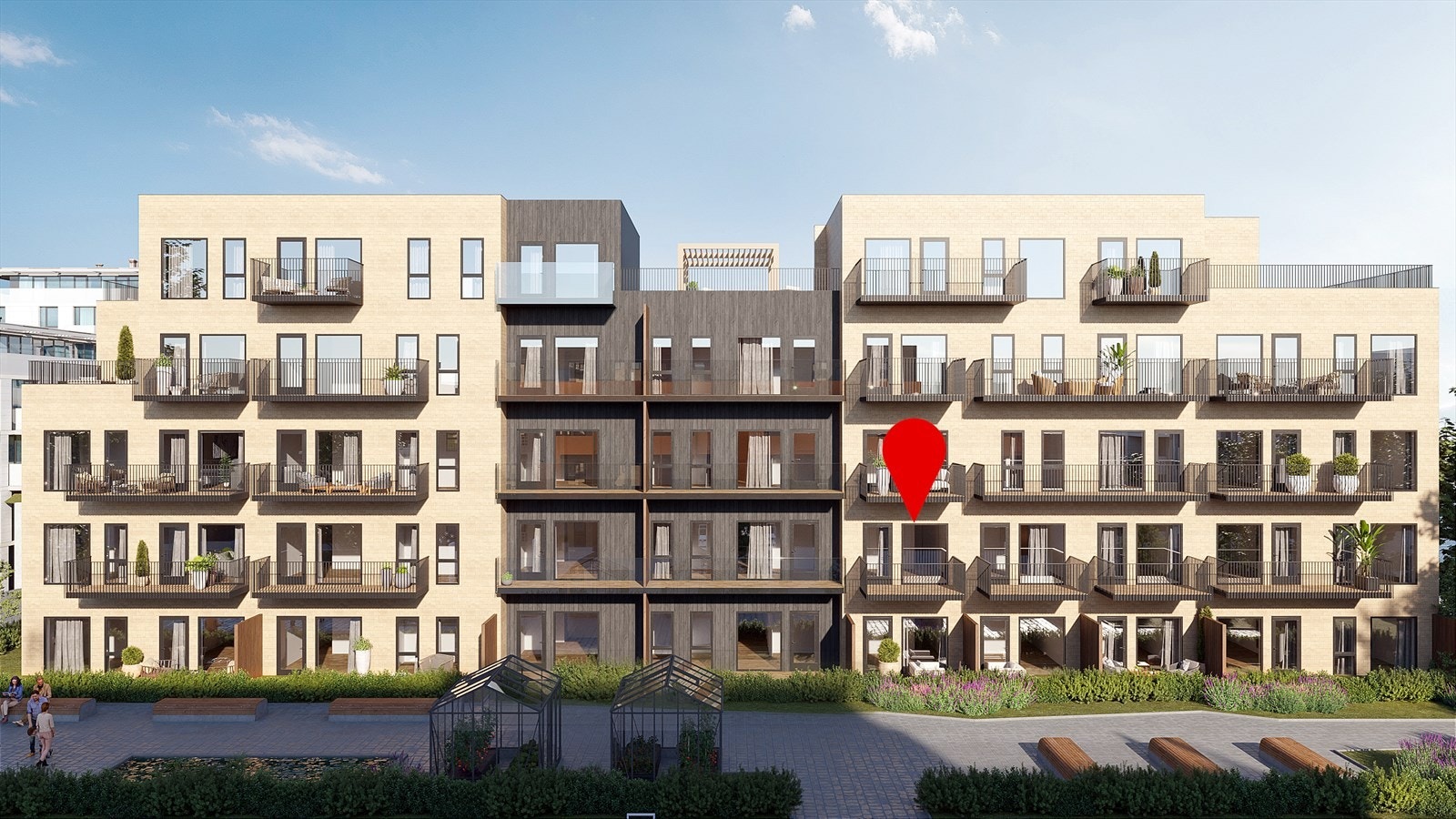 Leiligheten har stue ut mot et frodig og rolig fellesområde. Galleribilde