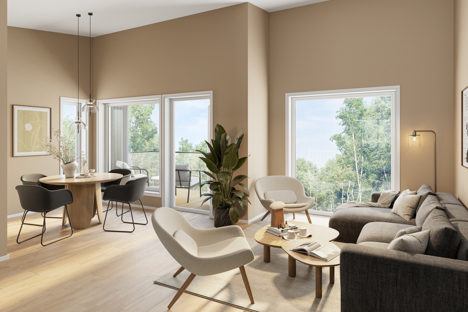 Stue/kjøkken i åpen løsning med utgang til balkong på 6 kvm. Galleribilde