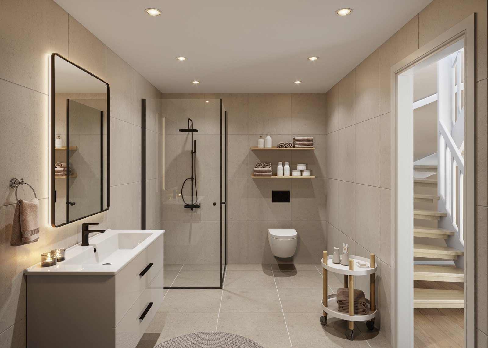 Illustrasjon av bad. Badet får fliser på gulv med varmekabler og baderomsplater på veggene. Galleribilde